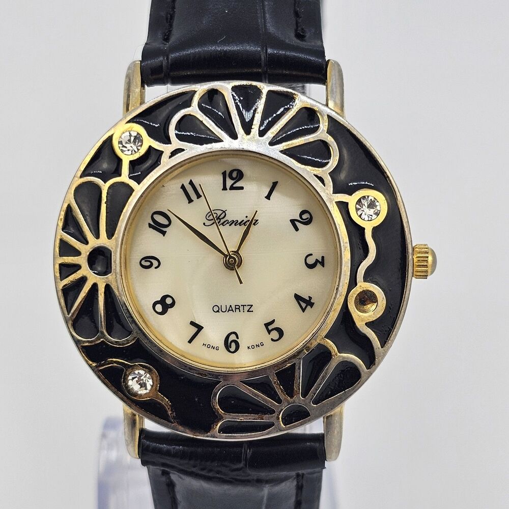 VTG‎ Ronica Women's Watch Flower Bezel 35MM New Black Leather Bands New Battery